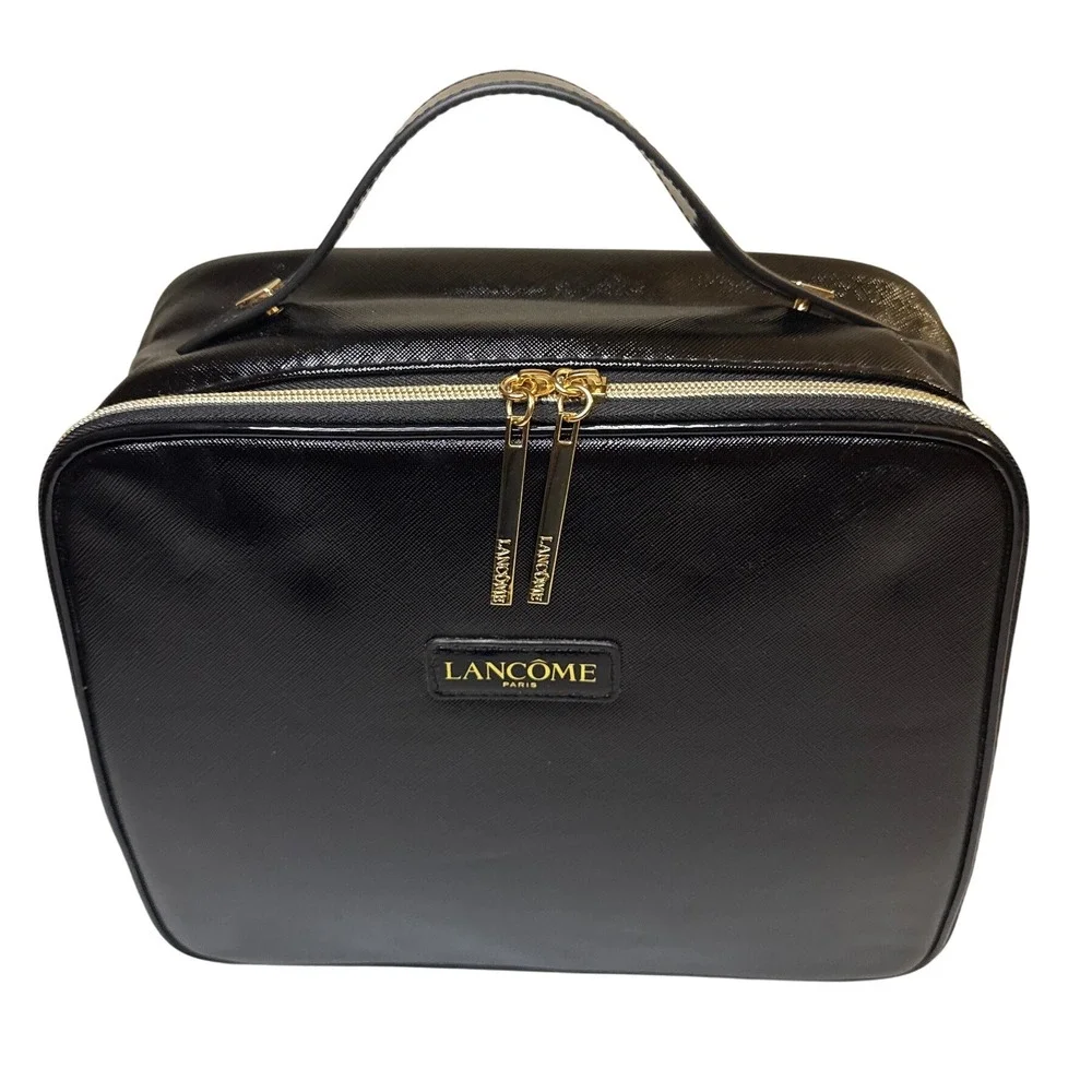 Lancome Paris Black Patent Leather Vanity Makeup Cosmetic Travel Bag Organizer‎